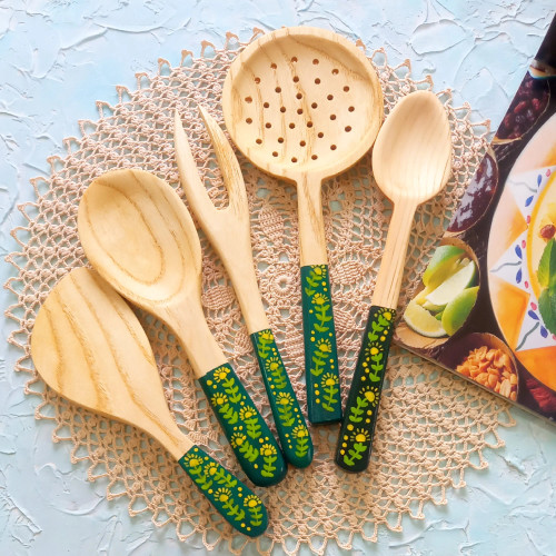 ست کفگیر ملاقه چوبی دستساز بارلی ویژه جهیزیه عروس 5 تکه نقاشی شده با دست کد bar0129