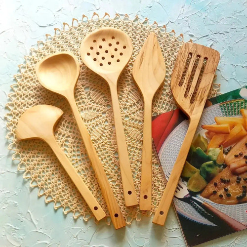 ست کفگیر ملاقه چوبی دستساز بارلی ویژه جهیزیه عروس 5 تکه چوب توسکا 30 سانتی کد bar0212