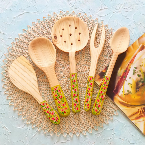 ست کفگیر ملاقه چوبی دستساز بارلی ویژه جهیزیه عروس 5 تکه نقاشی شده با دست کد bar0131