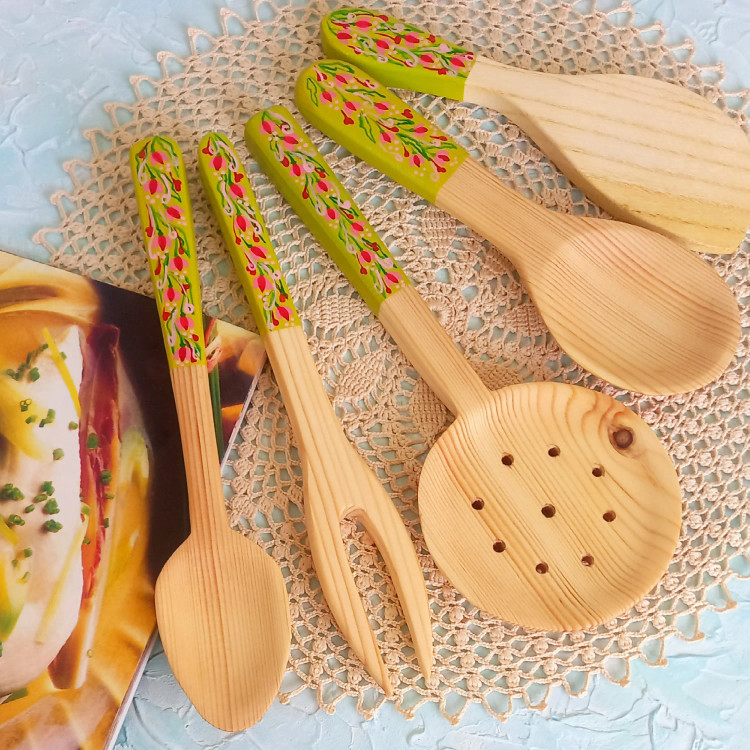 ست کفگیر ملاقه چوبی دستساز بارلی ویژه جهیزیه عروس 5 تکه نقاشی شده با دست کد bar0131