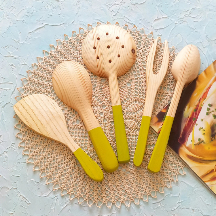 ست کفگیر ملاقه چوبی دستساز بارلی ویژه جهیزیه عروس 5 تکه نقاشی شده با دست کد bar0131