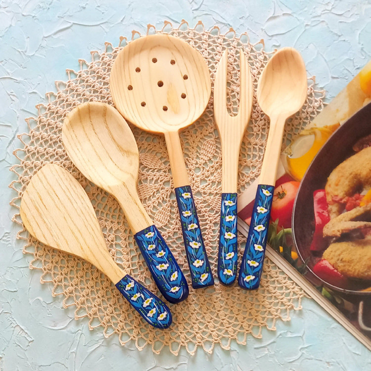 ست کفگیر ملاقه چوبی دستساز بارلی ویژه جهیزیه عروس 5 تکه نقاشی شده با دست کد bar0134