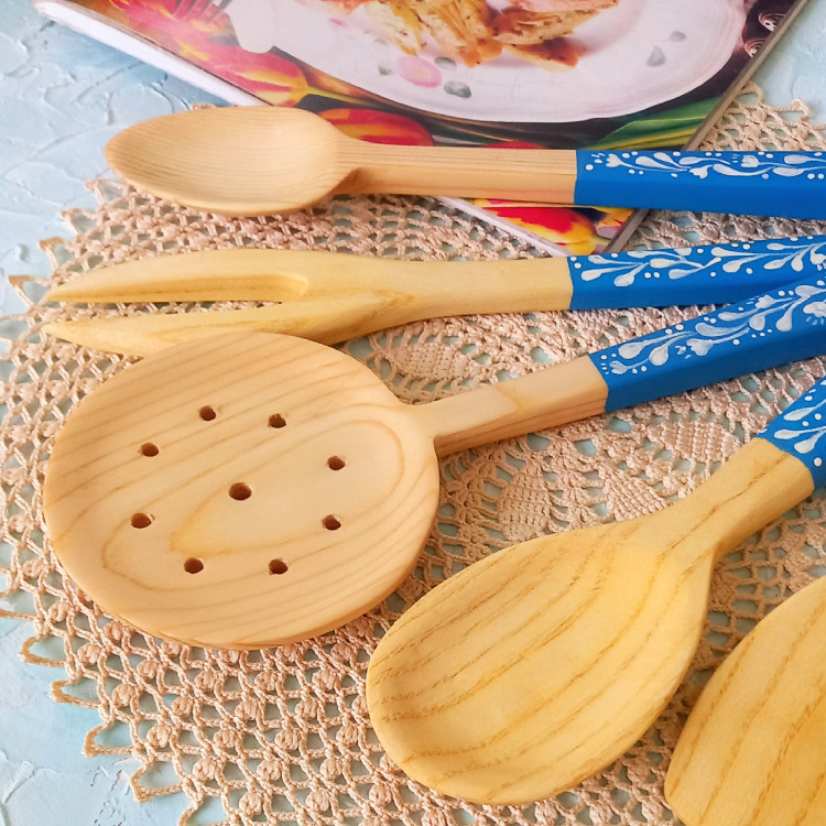 ست کفگیر ملاقه چوبی دستساز بارلی ویژه جهیزیه عروس 5 تکه نقاشی شده با دست کد bar0133