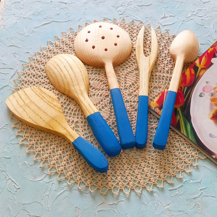 ست کفگیر ملاقه چوبی دستساز بارلی ویژه جهیزیه عروس 5 تکه نقاشی شده با دست کد bar0133