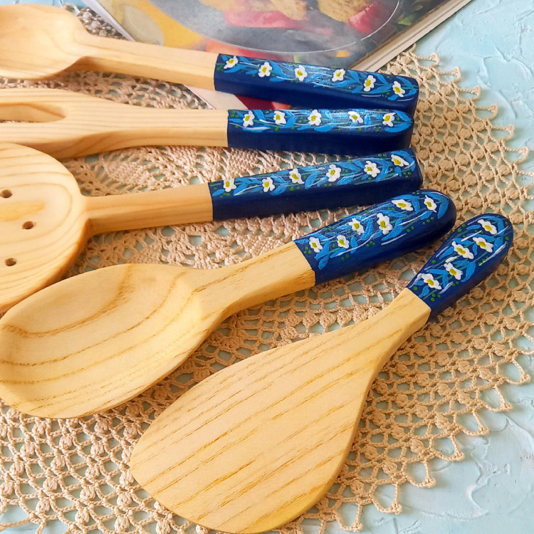 ست کفگیر ملاقه چوبی دستساز بارلی ویژه جهیزیه عروس 5 تکه نقاشی شده با دست کد bar0134