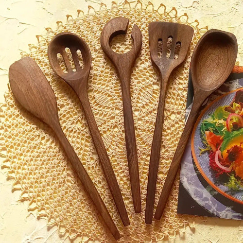 ست کفگیر ملاقه چوبی دستساز بارلی ویژه جهیزیه عروس 5 تکه چوب گردو 28 سانتی کد bar0202