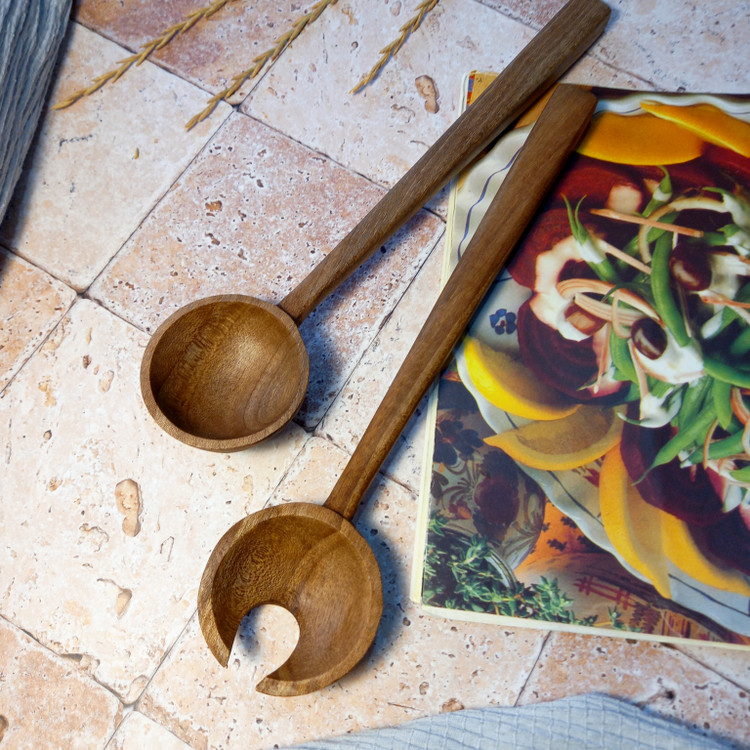 ست قاشق و چنگال سالادخوری چوبی دستساز بارلی مدل لیا 25 سانتی چوب گردو