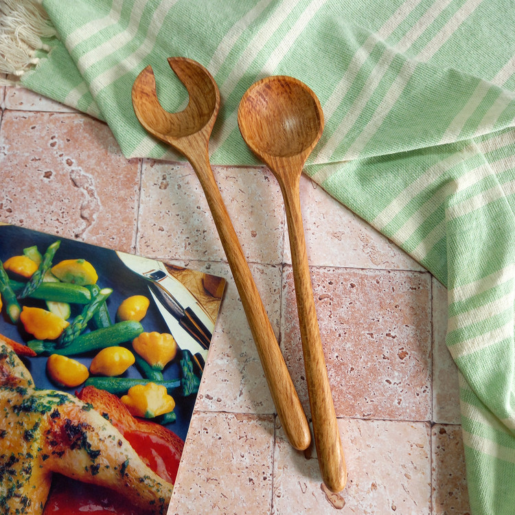 ست قاشق و چنگال سالادخوری چوبی دست ساز بارلی 27 سانتی چوب راش