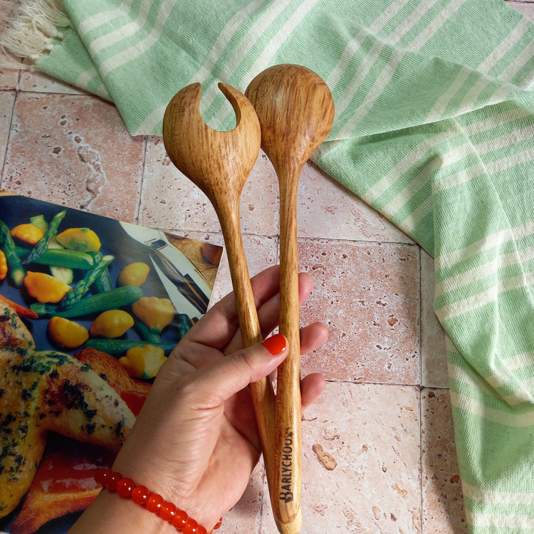 ست قاشق و چنگال سالادخوری چوبی دست ساز بارلی 27 سانتی چوب راش