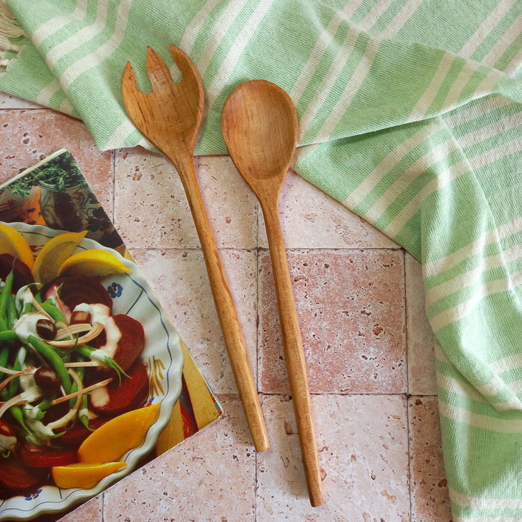 ست قاشق و چنگال سالادخوری چوبی دست ساز بارلی 28 سانتی چوب راش