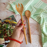 ست قاشق و چنگال سالادخوری چوبی دست ساز بارلی 28 سانتی چوب راش