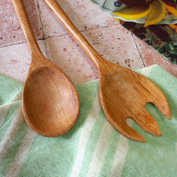 ست قاشق و چنگال سالادخوری چوبی دست ساز بارلی 28 سانتی چوب راش