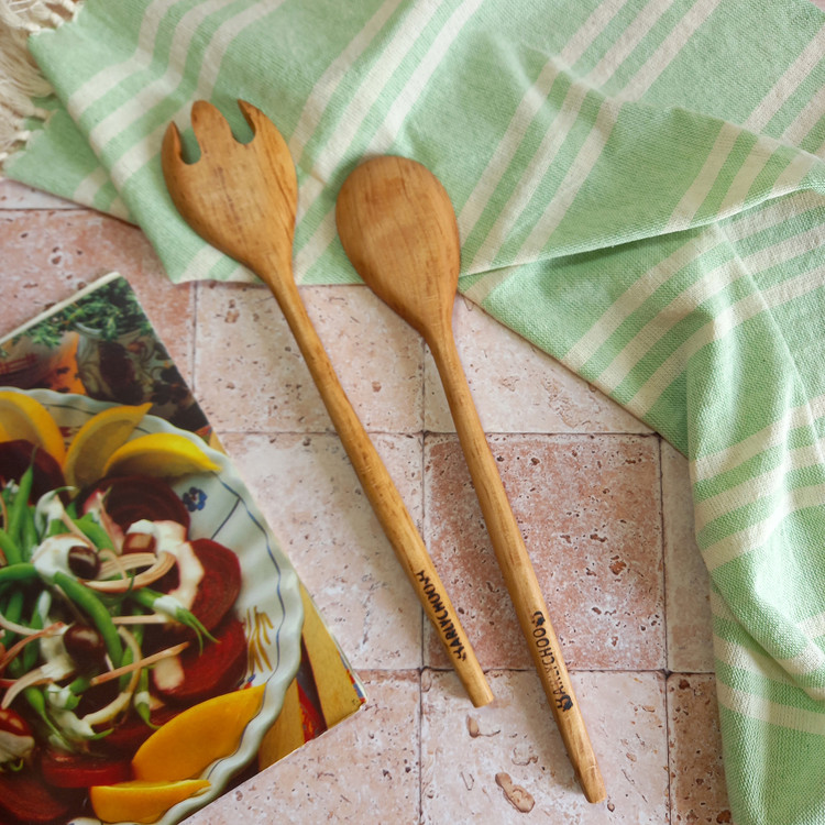 ست قاشق و چنگال سالادخوری چوبی دست ساز بارلی 28 سانتی چوب راش