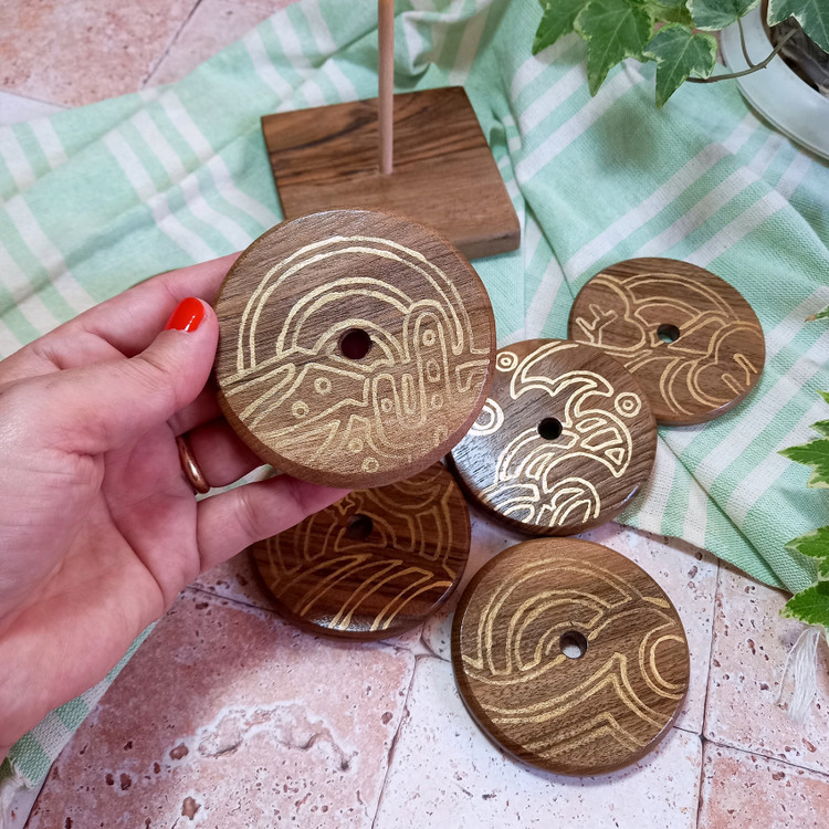 زیرلیوانی چوبی دستساز ست 6 نفره طرح بوهمی لاین چوب گردو