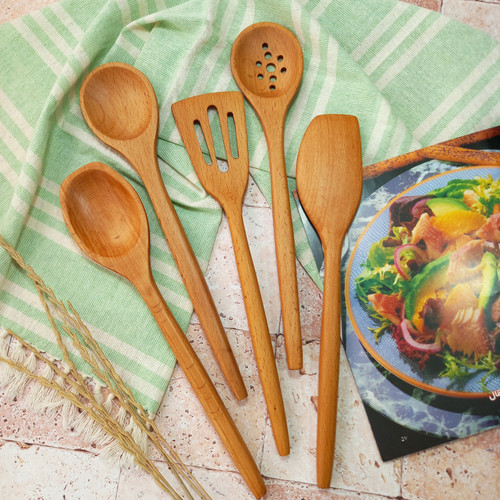 ست کفگیر و قاشق چوبی 5 تکه دست ساز بارلی ویژه جهیزیه عروس