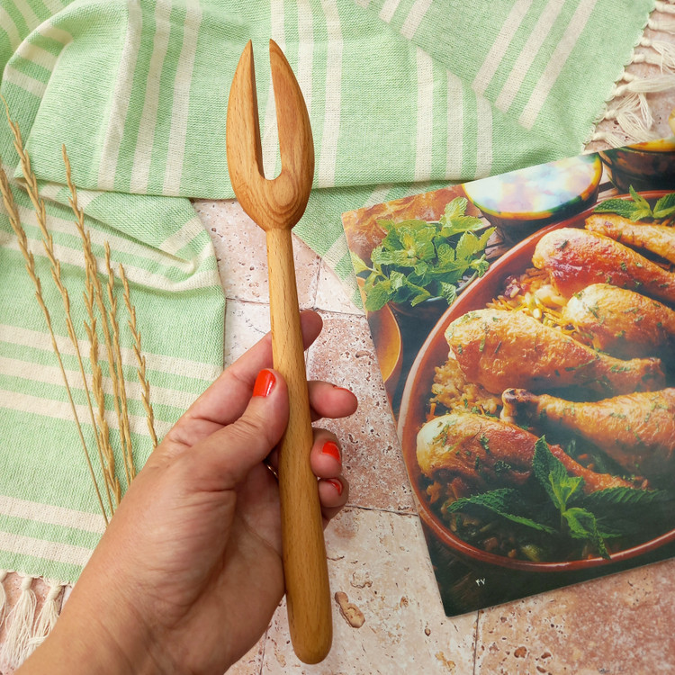 چنگال سرخ کن چوبی دست ساز برند بارلی چوب مدل ویهان 27 سانتی جنس چوب راش