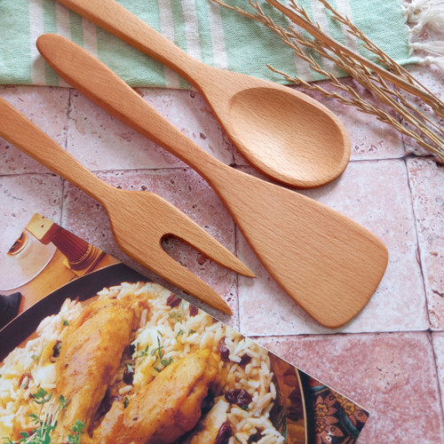 ست کفگیر و قاشق و چنگال چوبی دست ساز برند بارلی چوب مدل ایماز 3 تکه جنس چوب راش کد bar0124