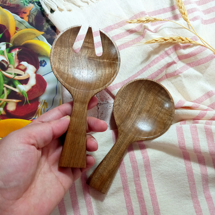 ست قاشق و چنگال سالادخوری چوبی دستساز ویژه جهیزیه عروس